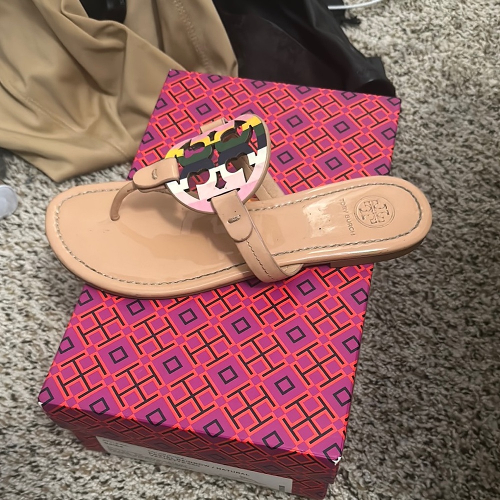 Tory Burch Beige miller Sandals with Colorful Logo